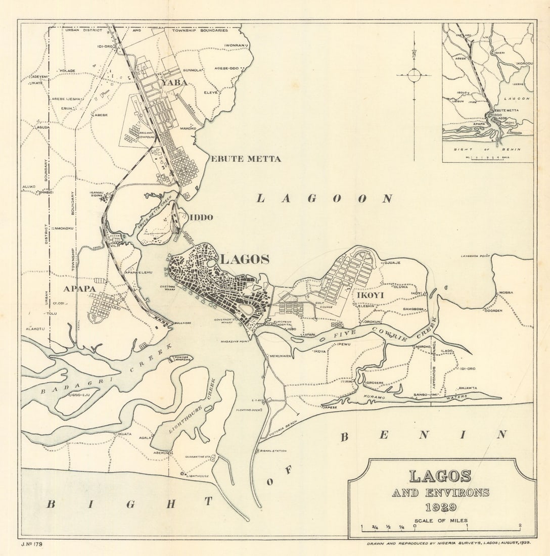 Lagos and Environs city plan 1929 old vintage map chart: Lagos and Environs 1929'. Drawn & Reproduced by Nigeria Surveys, Lagos. Published 1929. Colour vintage map. This map was published in 1929 but it may depict an earlier representation of the area shown