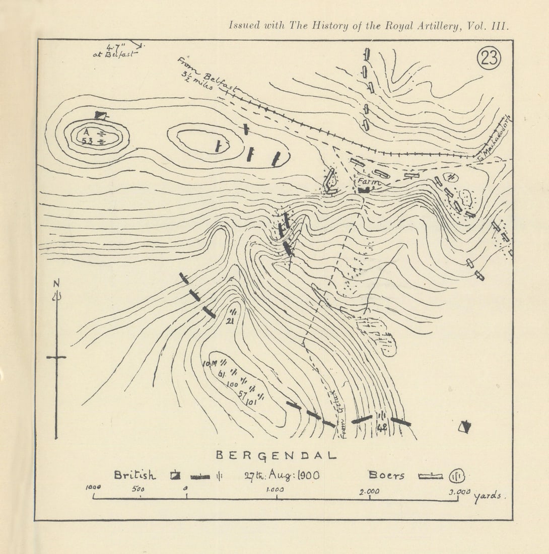 Battle of Bergendal 1900. 2nd Boer War. South Africa. Royal Artillery 1937 map: Bergendal 27th Aug 1900 [Second Boer War, South Africa] by Anonymous. Published 1931-1937. Antique sketch map. Size 17 x 17 cm | 6.5 x 6.5 inches. Condition: Good; suitable for framing. Please check t