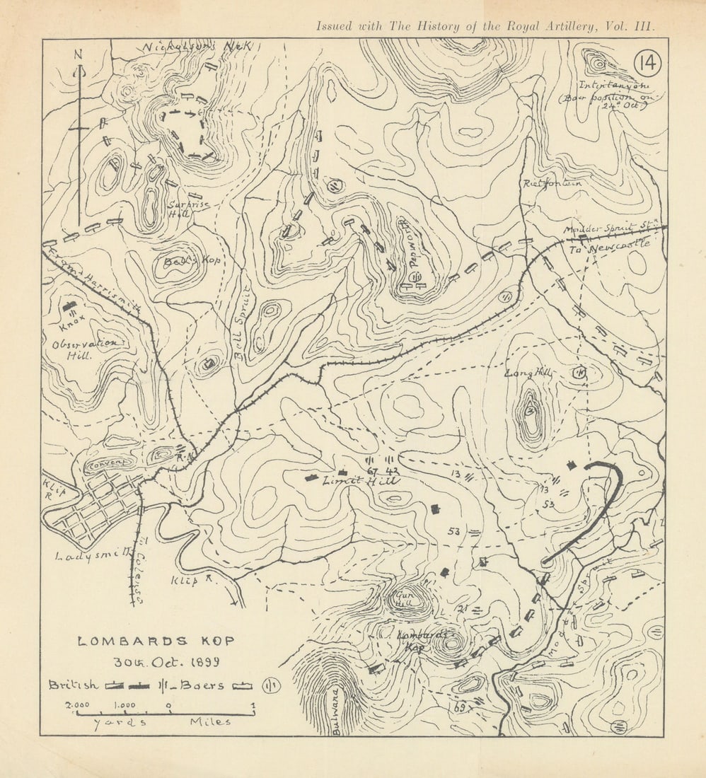 Battle of Lombard's Kop 1899 2nd Boer War South Africa. Royal Artillery 1937 map: Lombard's Kop 30th Oct. 1899 [Second Boer War, South Africa] by Anonymous. Published 1931-1937. Antique sketch map. Size 21 x 19 cm | 8.5 x 7.5 inches. Condition: Good; suitable for framing. Please ch