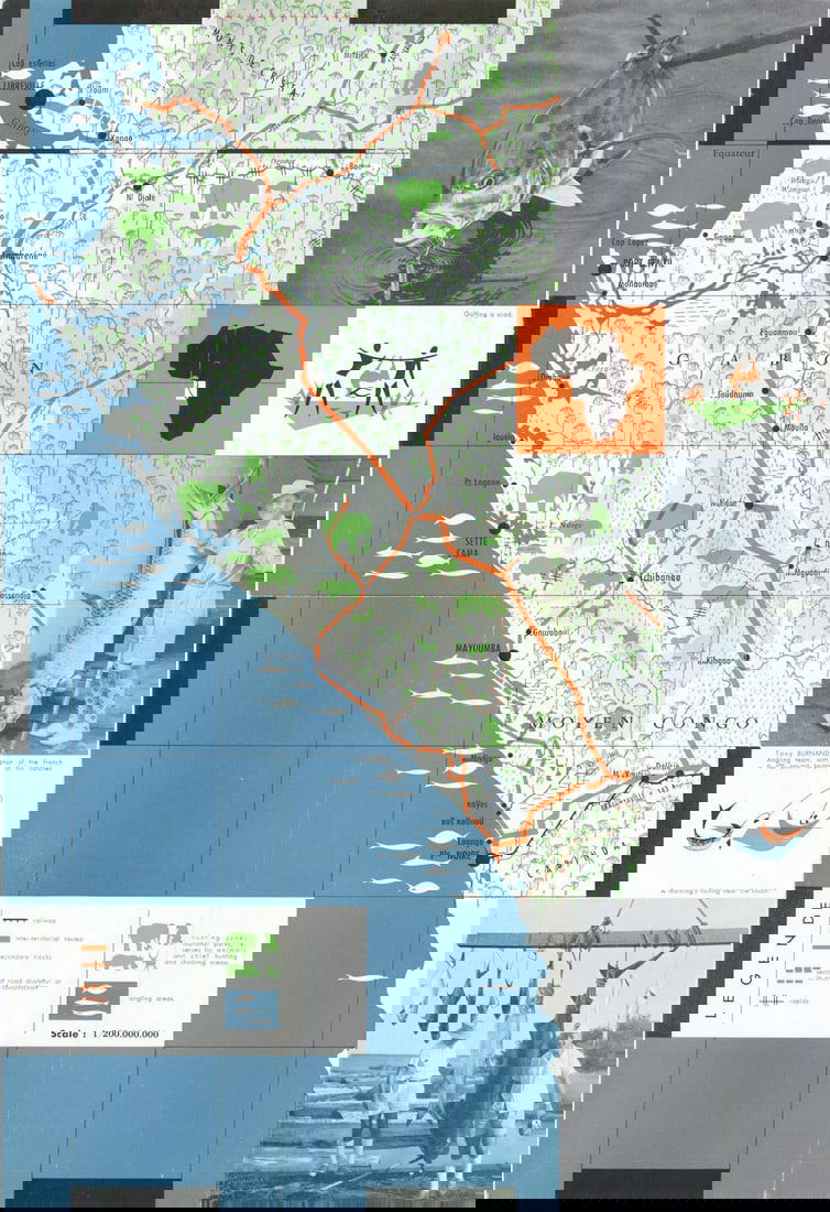 French Equatorial Africa Big-game hunting & angling/sport fishing c1955 map: [Big-game hunting and angling on the coasts of French Equatorial Africa] by Burnand, Tonby. Published c1955. Vintage colour promotional travel map and leaflet. Size 45 x 31 cm | 17.5 x 12.0 inches. Co