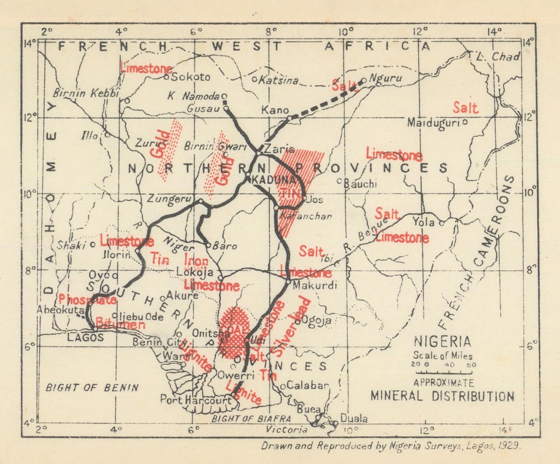 Nigeria Approximate Mineral Distribution 1929 old vintage map plan chart: Nigeria Approximate Mineral Distribution'. Drawn & Reproduced by Nigeria Surveys, Lagos. Published 1929. Colour vintage map. Size 11 x 14 cm | 4.5 x 5.5 inches. Condition: Good; suitable for framing.