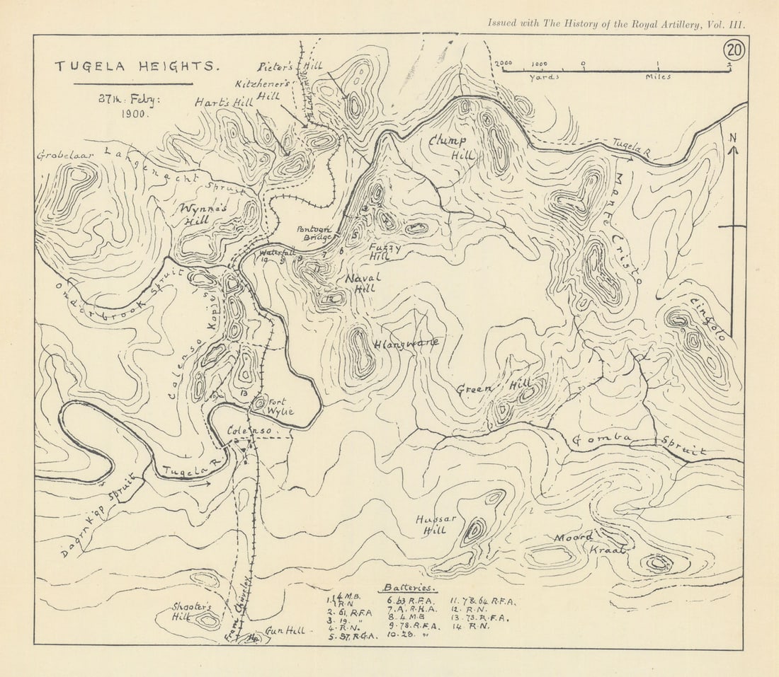 Battle of Tugela Heights 1900. 2nd Boer War. South Africa 1937 old vintage map: Tugela Heights 27th Feby 1900 [Second Boer War, South Africa] by Anonymous. Published 1931-1937. Antique sketch map. Size 23 x 27 cm | 9.0 x 10.5 inches. Condition: Good; suitable for framing. Please