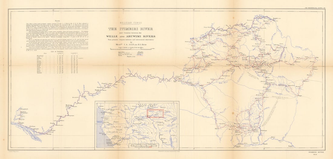 Belgian Congo. Itimbiri River & Welle to Aruwimi Rivers. Reid Bros. RGS 1911 map: Belgian Congo. The Itimbiri River and country between the Welle and Aruwimi Rivers. From prismatic compass traverses and astronomical observations by Messrs. C. A., A. E. H., and R. L. Reid'. Royal Ge