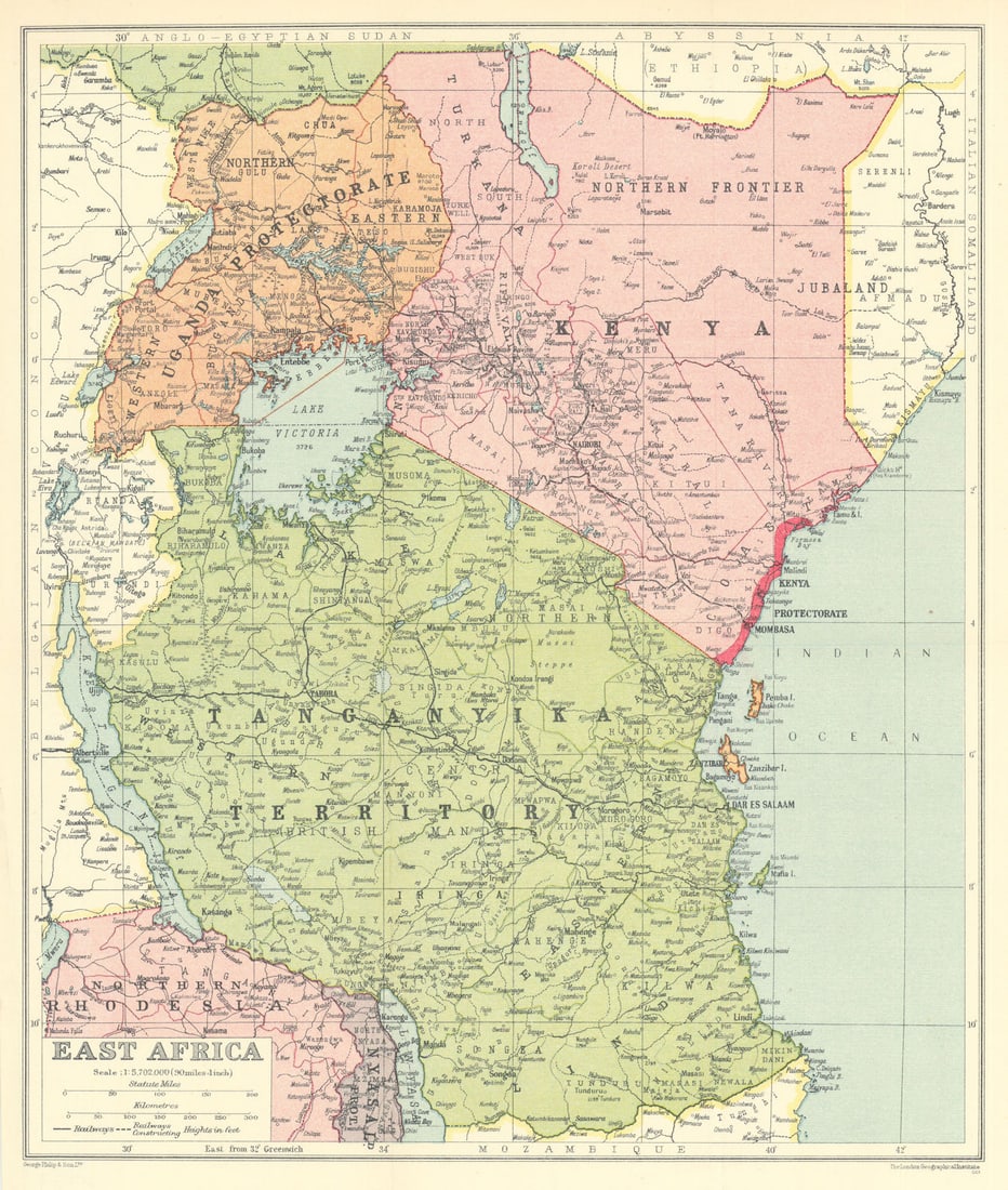 East Africa. Kenya Tanganyika Territory Uganda Protectorate. Tanzania 1938 map: East Africa'. George Philip & Son. Ltd. The London Geographical Institute. Published 1938. Antique colour map. Size 35 x 30 cm | 14.0 x 11.5 inches. Condition: Good; suitable for framing. Please check