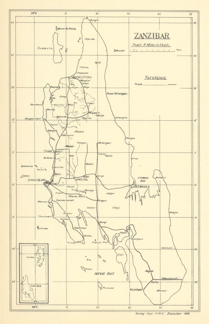 Map of Zanzibar island, Tanzania, by the Survey Department 1938 old: Zanzibar'. Survey Department P.W.D. Zanzibar. Published 1929 (1938). Antique map. Size 19 x 12 cm | 7.5 x 4.5 inches. Condition: Good; suitable for framing. Please check the scan for any blemishes pri