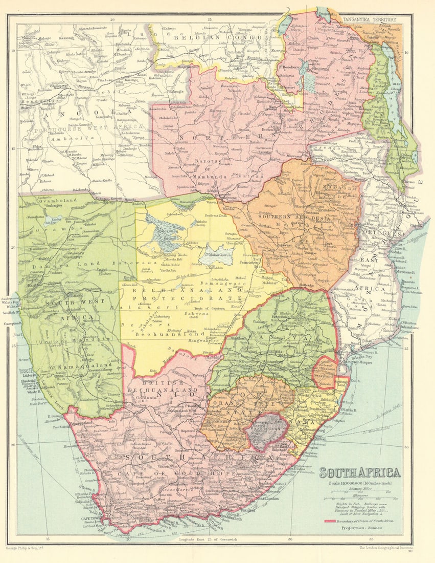 Southern Africa. Rhodesia Bechuanaland South West Africa Namibia Zambia 1938 map: South Africa'. George Philip & Son. Ltd. The London Geographical Institute. Published 1938. Antique colour map. Size 32 x 24 cm | 12.5 x 9.5 inches. Condition: Good; suitable for framing. Please check