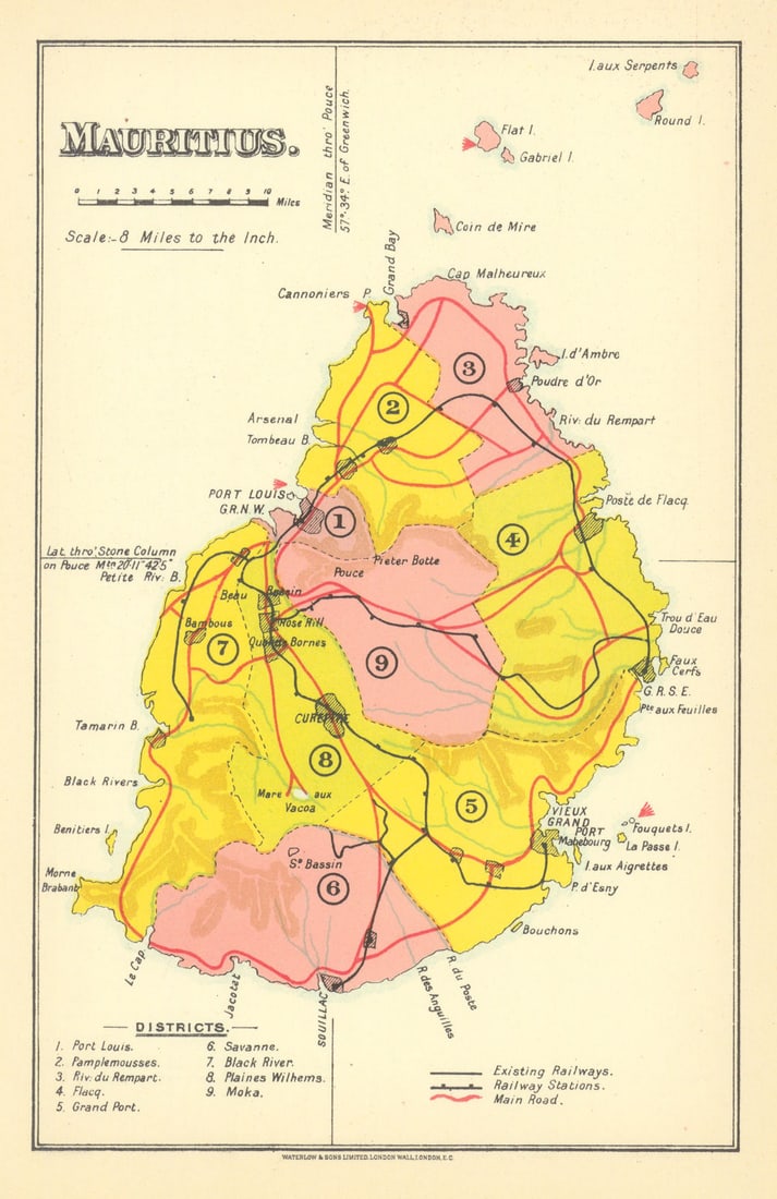Mauritius showing lighthouses, railways & districts by Waterlow & Sons 1938 map: Mauritius'. Waterlow & Sons Ltd., London Wall, London. Published 1938. Antique colour map. Size 20 x 13 cm | 8.0 x 5.0 inches. Condition: Good; suitable for framing. Please check the scan for any