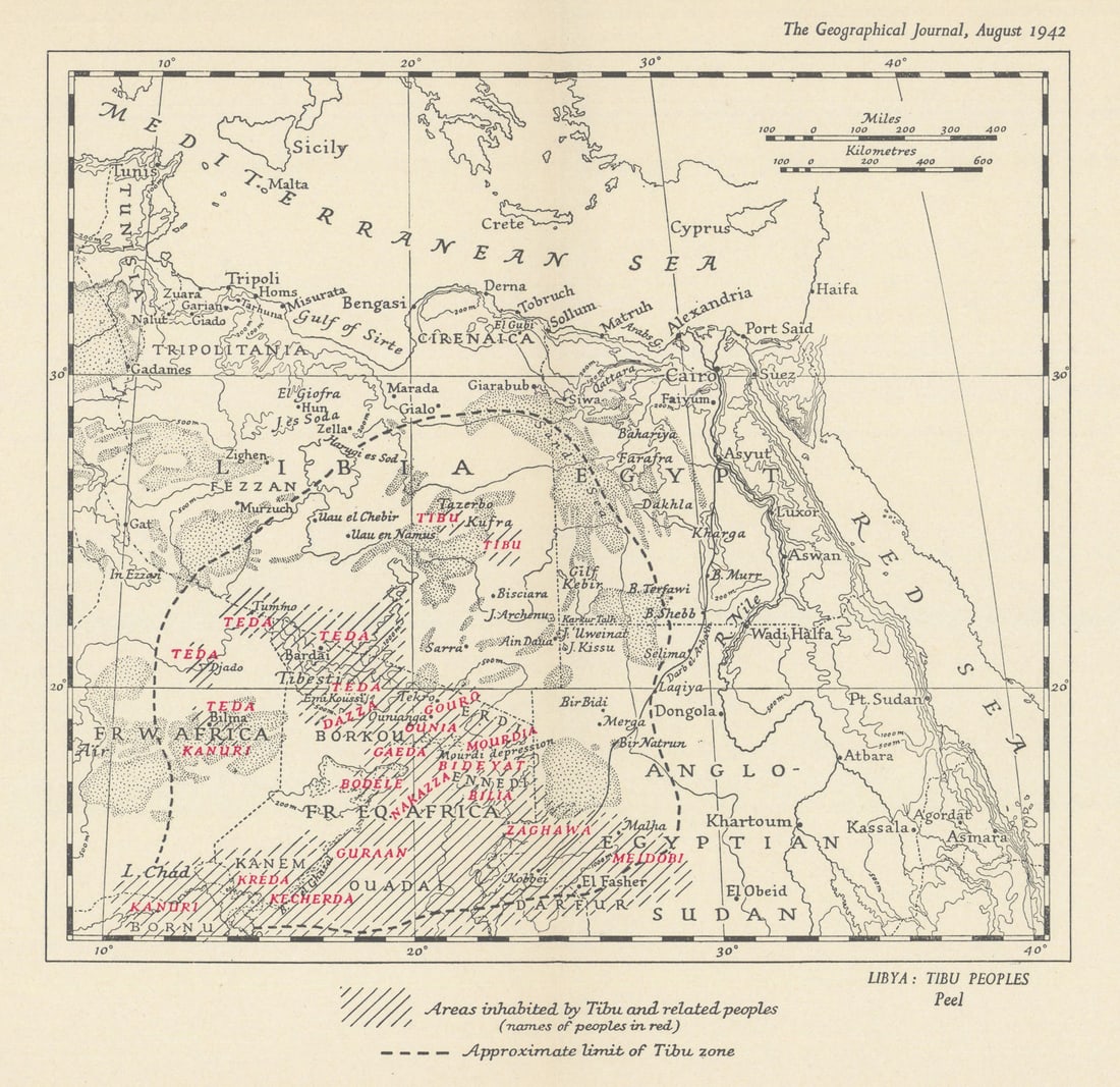 Areas inhabited by Toubou/Tubu people. Chad Niger Libya. RGS/R.F. Peel 1942 map: Areas inhabited by Tibu and related peoples by Major R.F. Peel'. Royal Geographical Society / Major R.F. Peel. Published August 1942. Antique Royal Geographical Society map. Size 22 x 22 cm | 8.5 x 8.