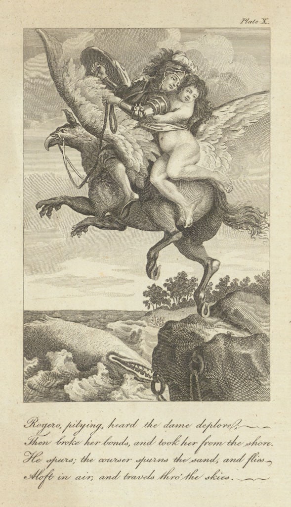 Rogero, pitying, heard the dame deplore… Orlando Furioso. Hippogriff 1788 (1 of 1)