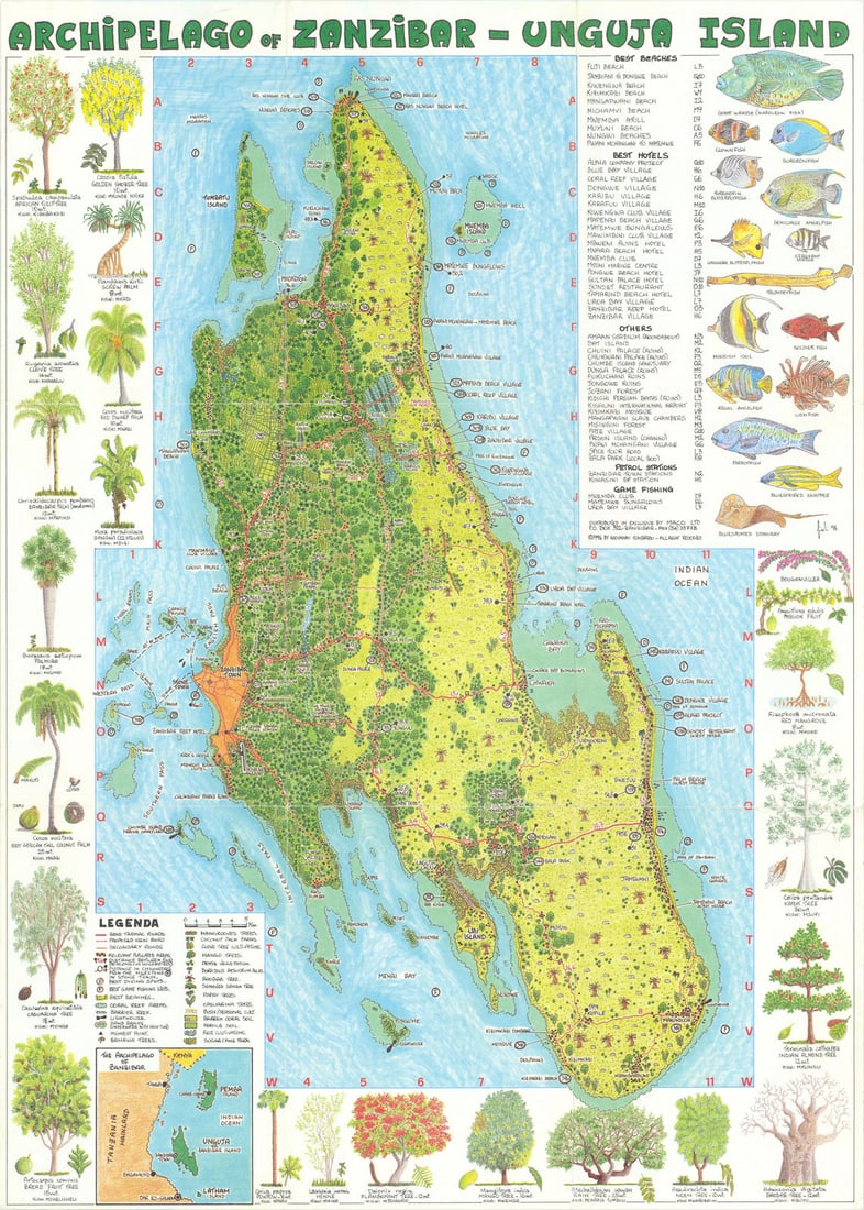 Zanzibar - Unguja Island & Stone Town botanical & tourist map. Tombazzi 1996: Archipelago of Zanzibar - Unguja Island // Map of Zanzibar - Stone Town'. A delightful double-sided pictorial map of Zanzibar by Giovanni Tombazzi. One side depicts the Zanzibar archipelago, including