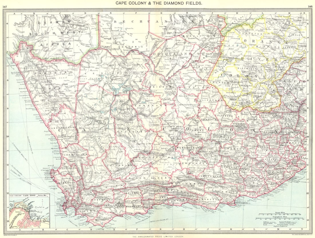 SOUTH AFRICA. Cape Colony & Diamond Fields; map of town 1907 old antique: Cape Colony and the Diamond Fields; Inset map of Cape Town' by Harmsworth. Published 1907. Colour antique map. Scale 1:100,000. Size 37 x 49 cm | 14.5 x 19.5 inches. Condition: Good; suitable for fram
