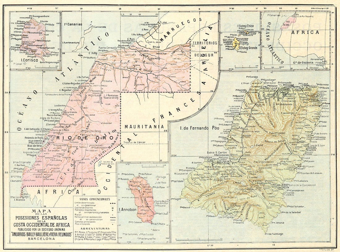 AFRICA. Posesione Espanola Costa Occidental Bioko Rio Oro Fernando Po 1913 map (1 of 1)