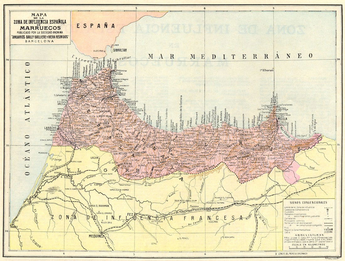 MOROCCO. Mapa de la Zona de Influencia Espanola en Marruecos 1913 old: Mapa de la Zona de Influencia Espanola en Marruecos' by Bailly-Bailliere. Published 1913. Colour vintage map. Size 22 x 29 cm | 8.5 x 11.0 inches. Condition: Fair: Verso text apparent. This map has