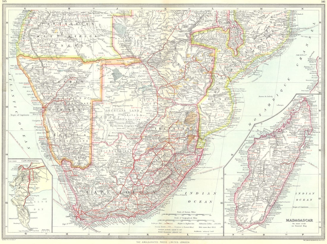 SOUTH AFRICA. Industry Communication; Madagascar; Cape Peninsula 1907 old map: South Africa: Industries and Communications; Inset maps of Madagascar; Cape Peninsula' by Harmsworth. Published 1907. Colour antique map. Scale 1:500,000. Size 37 x 49 cm | 14.5 x 19.5 inches. Conditi