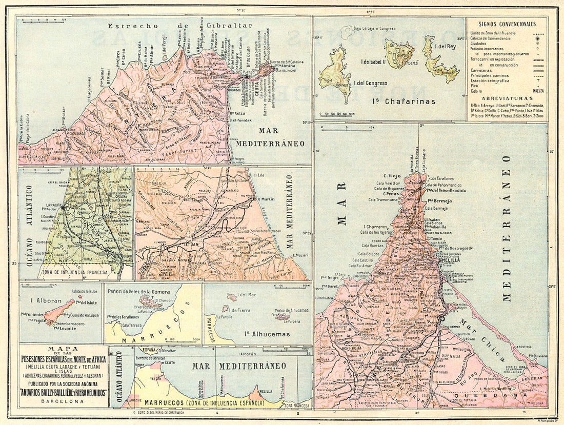 MOROCCO. Mapa Posesiones Espanolas del Norte Africa-Ceuta Melilla 1913 old (1 of 1)