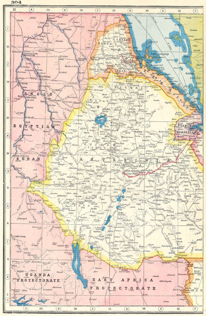 ETHIOPIA. Eritrea Abyssinia French Somaliland Djibouti. HARMSWORTH 1920 map: Eritrea, Abyssinia & Somaliland' by Harmsworth. Published 1920. Vintage colour map. Scale 1:6,000,000. Size 34 x 22 cm | 13.0 x 8.5 inches. Condition: Good; suitable for framing. The item offered