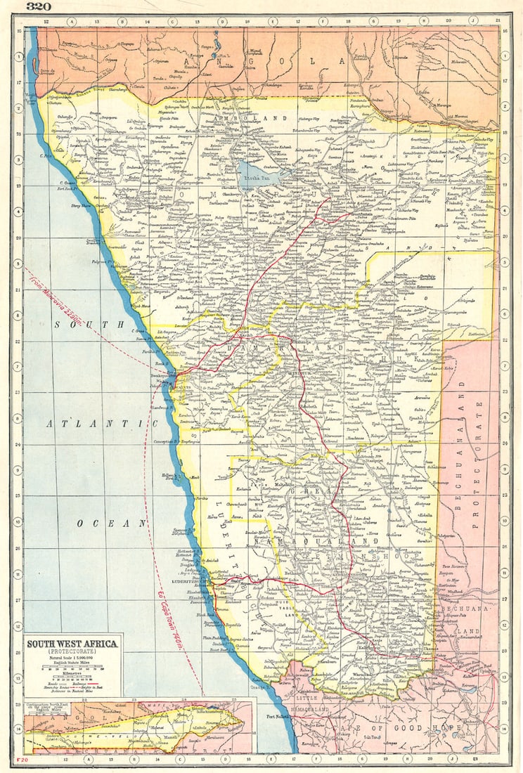 NAMIBIA. South West Africa protectorate. HARMSWORTH 1920 old antique map chart: South west Africa; Inset map of Angola' by Harmsworth. Published 1920. Vintage colour map. Scale 1:5,000,000. Size 33 x 22 cm | 13.0 x 8.5 inches. Condition: Good; suitable for framing. Please check t