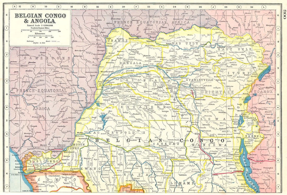 BELGIAN CONGO NORTH. Democratic Republic of Congo. Railways 1920 old map: Belgian Congo & Angola' by Harmsworth. Published 1920. Vintage colour map. Scale 1:8,000,000. Size 23 x 33 cm | 9.0 x 13.0 inches. Condition: Good; suitable for framing. The item offered for sale
