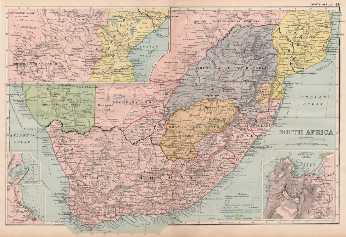 S AFRICA.Cape Colony Orange Free State.Cape Town Durban Port Elizabeth 1893 map: South Africa; Inset maps of Environs of Cape Town; Continuation of Map; Port Natal; Port Elizabeth' by Bacon, George Washington & Co. Published 1893. Antique colour map. Size 33 x 49 cm | 13.0 x 19.0
