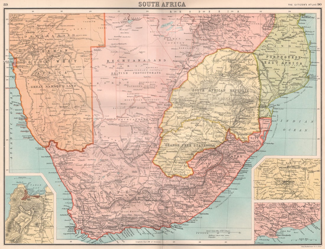 SOUTHERN AFRICA.South Africa Bechuanaland Orange Free State.BARTHOLOMEW 1898 map: South Africa; Inset maps of Cape Town; Pretoria; Port Elizabeth' by Bartholomew, John. Published 1898. Antique colour map. Size 32 x 43 cm | 12.5 x 16.5 inches. Condition: Good; suitable for framing.