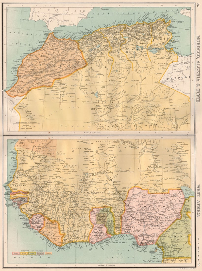 NORTH & COLONIAL WEST AFRICA. Nigeria marked as "Royal Niger Company" 1898 map: Morocco, Algeria & Tunis; West Africa' by Bartholomew, John. Published 1898. Antique colour map. Size 43 x 32 cm | 16.5 x 12.5 inches. Condition: Good; suitable for framing. The image shown may ha