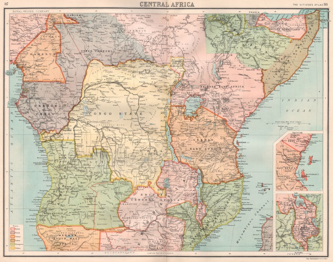 COLONIAL CENTRAL AFRICA. Congo German East Africa Rhodesia. BARTHOLOMEW 1898 map: Central Africa; Inset maps of Zanzibar I.; The Shire Highlands' by Bartholomew, John. Published 1898. Antique colour map. Size 33 x 42 cm | 13.0 x 16.5 inches. Condition: Good; suitable for framing. T