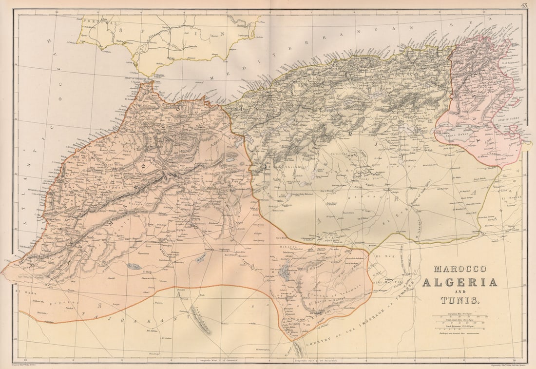 MAGHREB. North Africa. Marocco Algeria and Tunis. BLACKIE 1882 old antique map: Marocco Algeria and Tunis'. Engraved by Edwd. Weller, Red Lion Square; drawn by Edwd. Weller F.R.G.S. Published 1882. Antique colour map. Size 36 x 52 cm | 14.0 x 20.5 inches. Condition: Good; suitabl