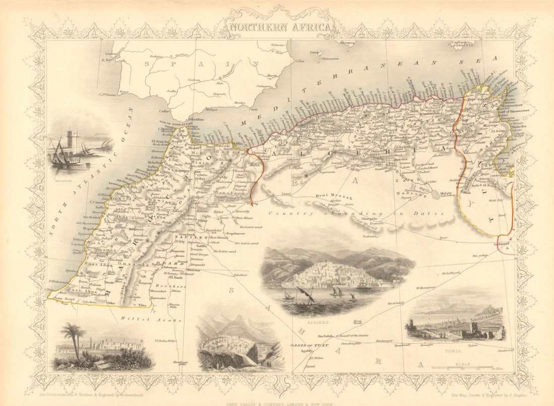 NORTHERN AFRICA. Morocco Tunisia Algeria. Caravan routes.TALLIS/RAPKIN 1851 map: Northern Africa'. Shows the north west Africa/Maghreb countries of Marocco (Morocco), Algeria & Tunis (Tunisia). Vignettes: Mogador [Essaouira]; Marocco [Marrakech]; Constantine; Algiers; Tunis. S