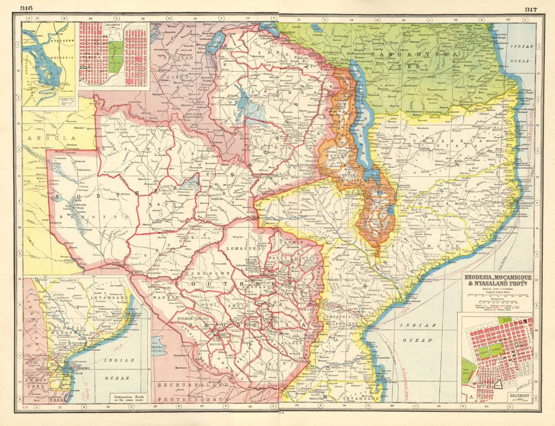 EAST AFRICA. Rhodesia Mozambique Nyasaland. Bulawayo Salisbury/Harare 1920 map: Rhodesia, Mocambique & Nyasaland Prote; Inset Victoria Falls; Bulawayo; Transvaal; Salisbury' by Harmsworth. Published 1920. Vintage colour map. Size 34 x 45 cm | 13.5 x 17.5 inches. Condition: Go