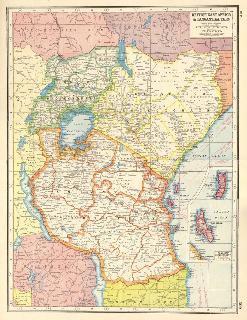 EAST AFRICA. British EA Tanganyika Terr.Kenya Tanzania Zanzibar Uganda 1920 map: British East Africa & Tanganyika tery; Inset map of Zanzibar Protectorate' by Harmsworth. Published 1920. Vintage colour map. Size 34 x 45 cm | 13.5 x 17.5 inches. Condition: Good; suitable for fr