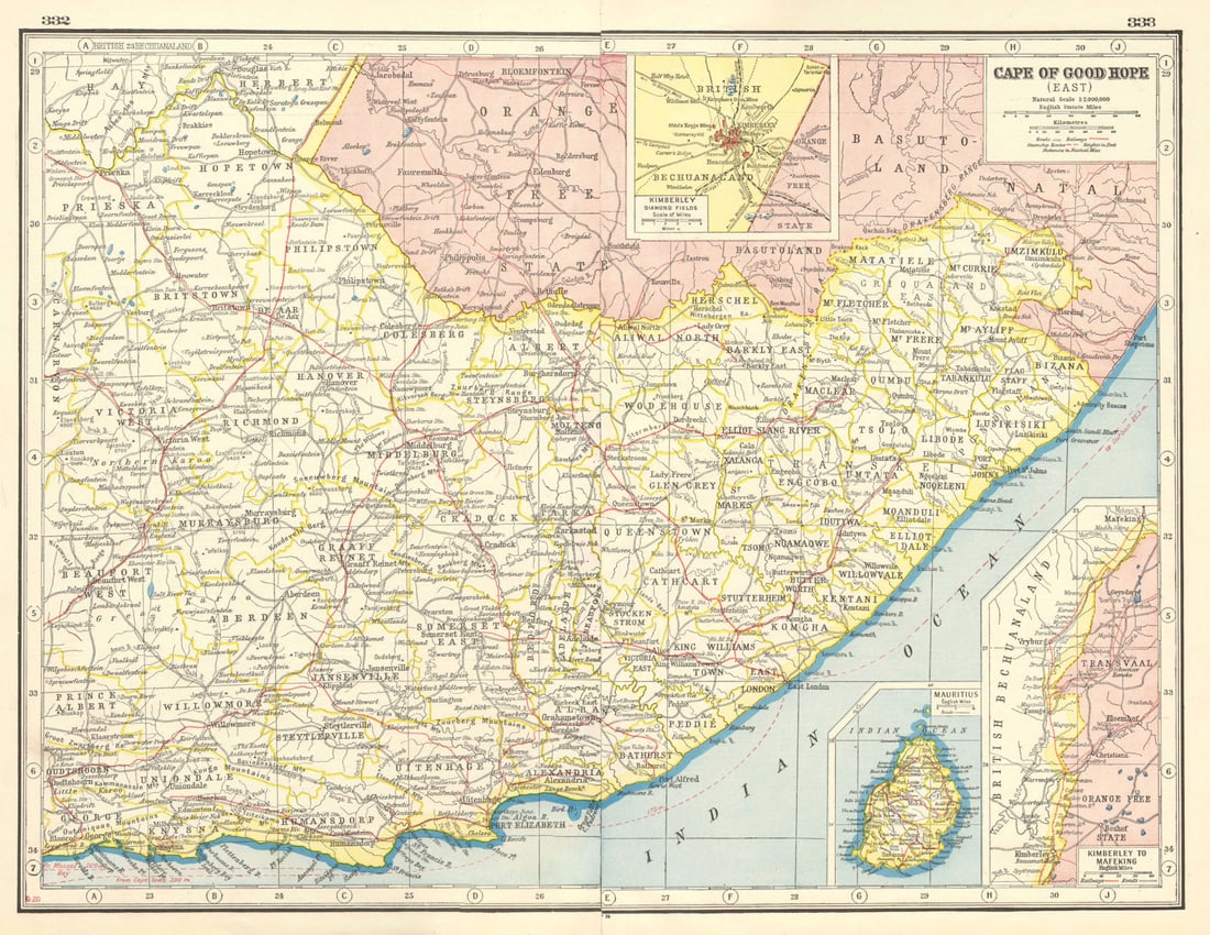EASTERN CAPE. Inset Kimberley Diamond fields. Mauritius. South Africa 1920 map: Cape of Good Hope (East); Inset map of Mauritius; Kimberley to Mafeking' by Harmsworth. Published 1920. Vintage colour map. Size 34 x 45 cm | 13.5 x 17.5 inches. Condition: Good; suitable for framing.