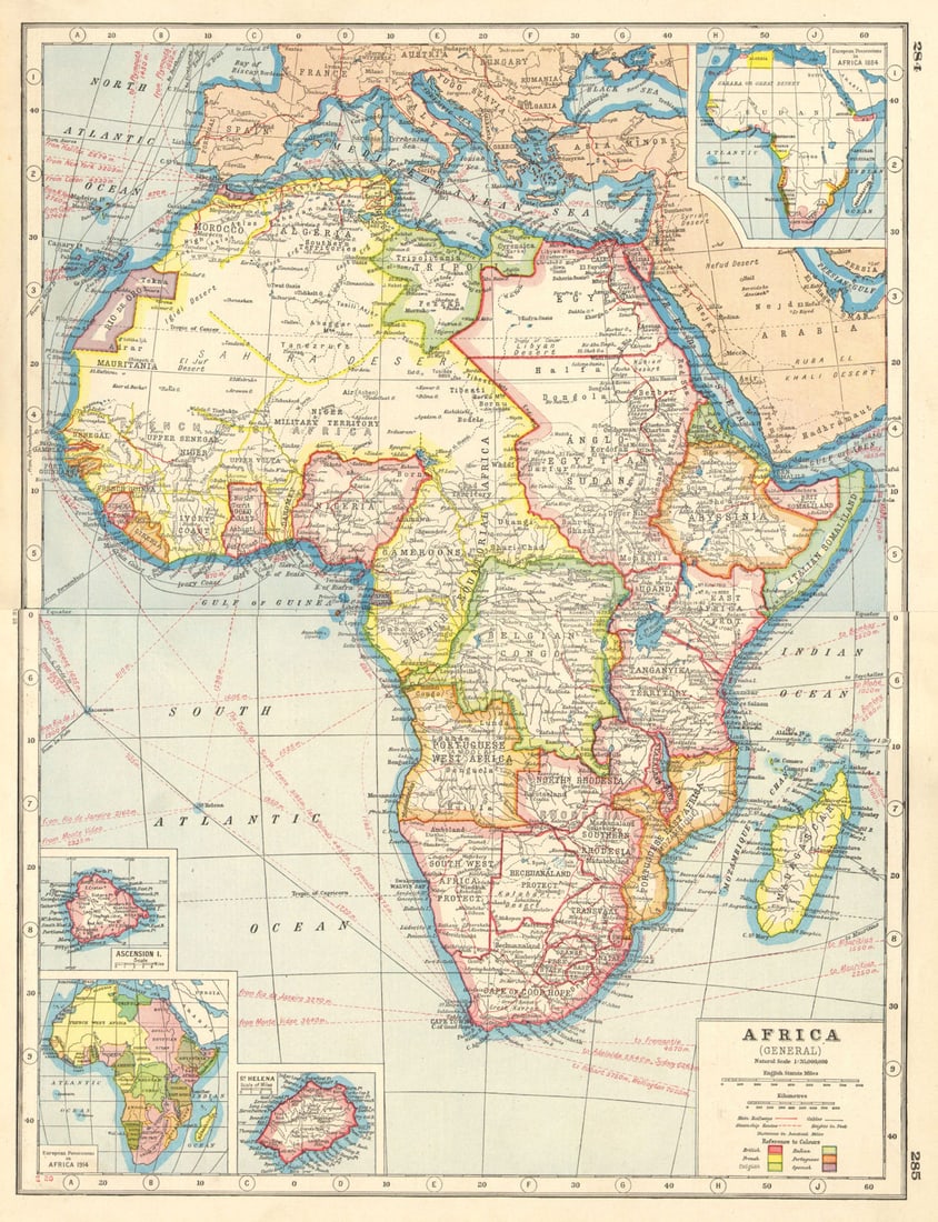 COLONIAL AFRICA. Rhodesia Er Rif Rio de Oro. Railways. Inset 1884/1914 1920 map: Africa (General); Inset European possessions in Africa 1884; Ascension Island; European possessions in Africa 1914; St. Helena' by Harmsworth. Published 1920. Vintage colour map. Size 34 x 45 cm | 13.