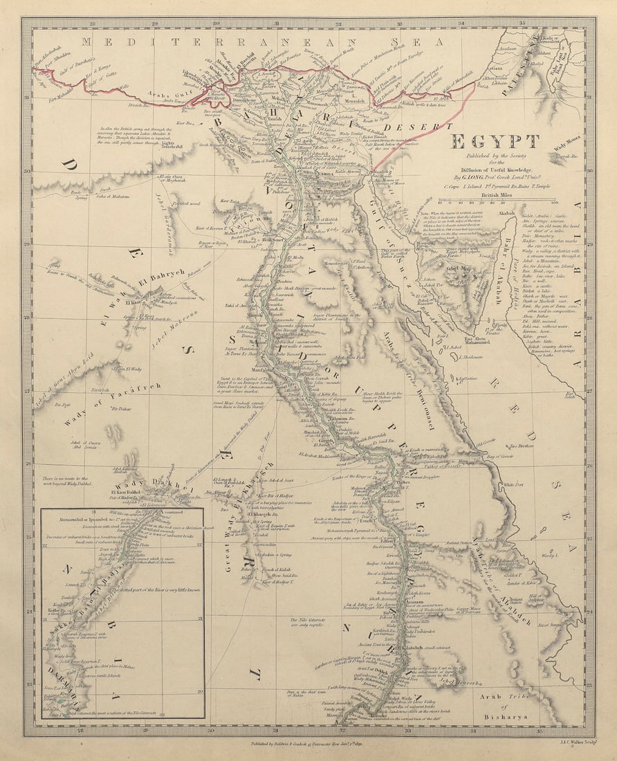 EGYPT. Nile valley. Original outline colour. SDUK 1844 old antique map chart: EGYPT' by S.D.U.K. - Society for the Diffusion of Useful Knowledge. Published 1844 - This map was originally published by Baldwin & Cradock in 1831; this date is printed on the map. This edition of th