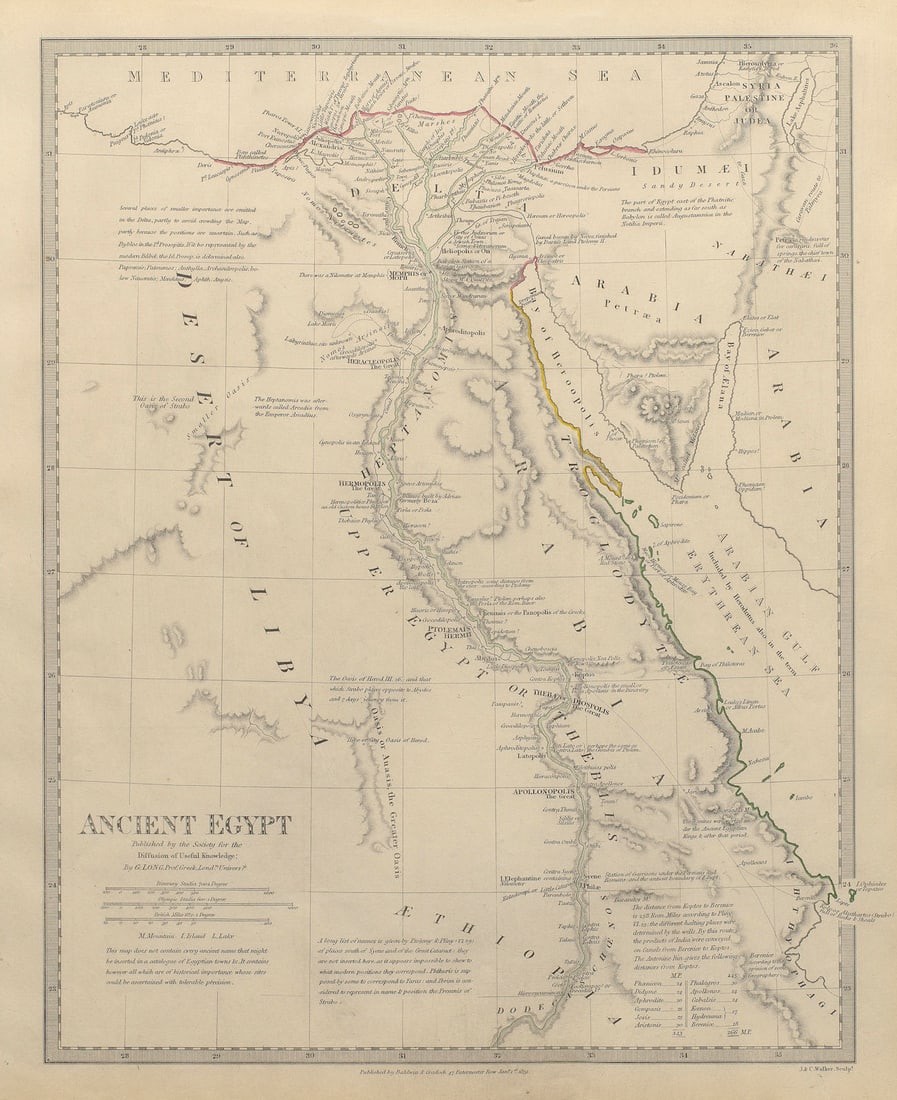 ANCIENT EGYPT. Nile Valley. Original outline colour. SDUK 1844 old antique map: ANCIENT EGYPT' by S.D.U.K. - Society for the Diffusion of Useful Knowledge. Published 1844 - This map was originally published by Baldwin & Cradock in 1831; this date is printed on the map. This editi