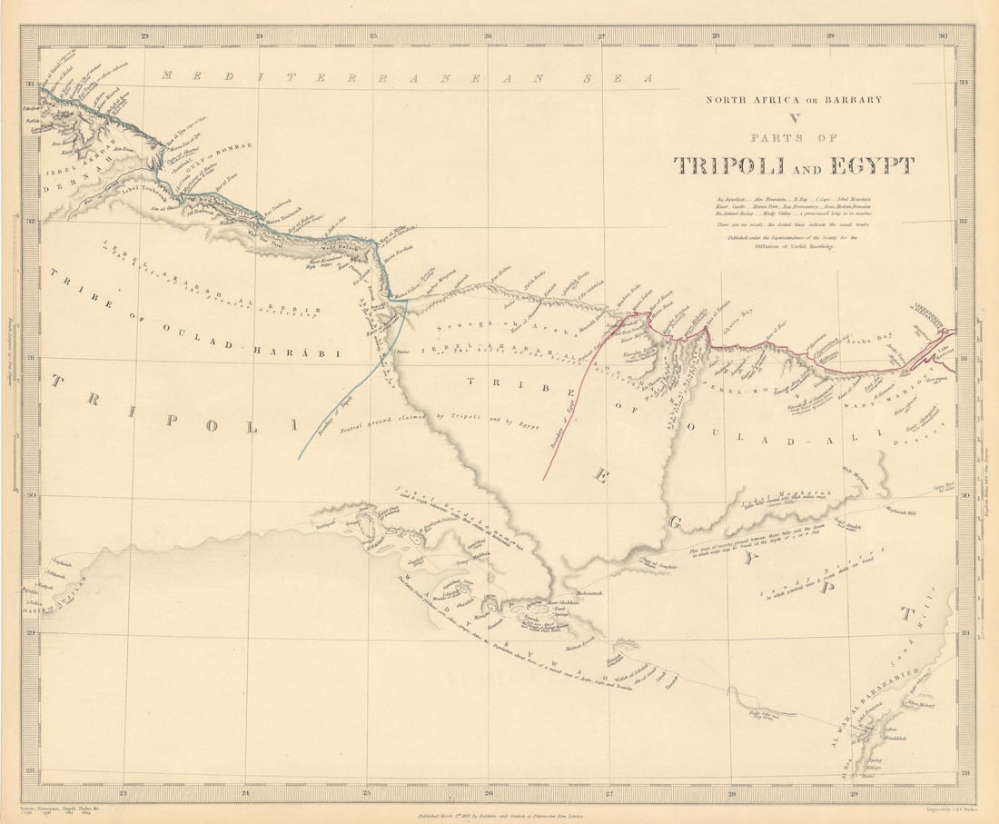 NORTH AFRICA BARBARY. Parts of Tripoli (Libya) & Egypt. Tribes. SDUK 1844 map: NORTH AFRICA OR BARBARY, V., PARTS OF TRIPOLI AND EGYPT'. Cartography by Smyth, Horneman, Pacho, Brown; engraved by J & C Walker. Published 1844 - This map was originally published by Baldwin & Cradoc