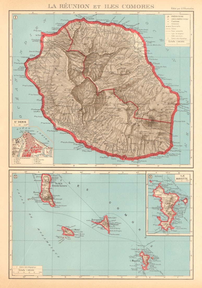 FRENCH INDIAN OCEAN ISLANDS La Réunion Comores/Comoros Mayotte St Denis 1938 map: La Reunion et Îles Comores. Inset: St Denis: Île Mayotte. Îles Comores'. Commandant P. Pollacchi. Published 1938. Vintage atlas map. Size 37 x 26 cm | 14.5 x 10.0 inches. Condition: Goo