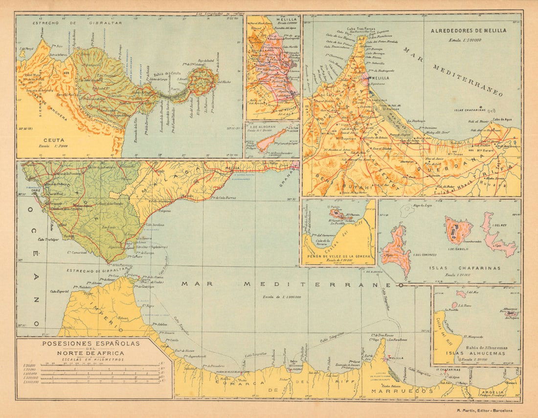 NORTE DE AFRICA ESPANOL. CEUTA MELILLA Marruecos Chafarinas Alboran c1911 map: Posesiones Espanolas del Norte de Africa' by Martin, Alberto. Published c1911. Antique lithographic map. Size 25 x 32 cm | 9.5 x 12.5 inches. Condition: Good; suitable for framing. The image shown may