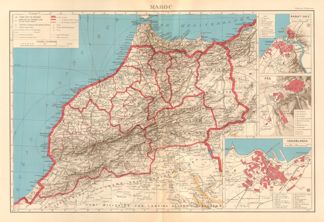 FRENCH MOROCCO. Maroc Protectorat français. Rabat Fez Casablanca plans 1938 map: Maroc. Inset: Rabat-Salé; Fès; Casablanca'. Commandant P. Pollacchi. Published 1938. Vintage atlas map. Size 35 x 51 cm | 13.5 x 20.0 inches. Condition: Good; suitable for framing. The image