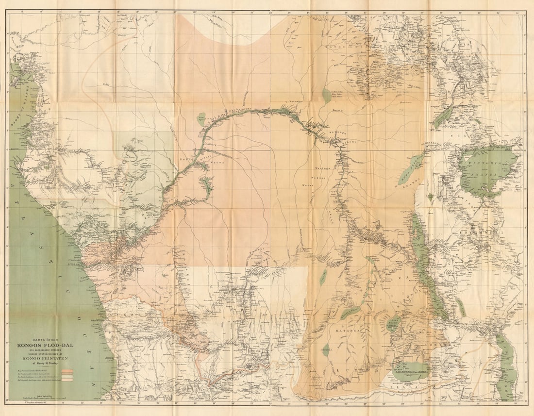 Congo Free State & river valley. Central Africa. HENRY MORTON STANLEY 1885 map: Karta öfver Kongos Flod-Dal och angränsande omraden visande utsträtckningen af Kongo Fristaten af Henry M. Stanley [Map of the Congo river valley and adjacent areas showing the Congo Fr