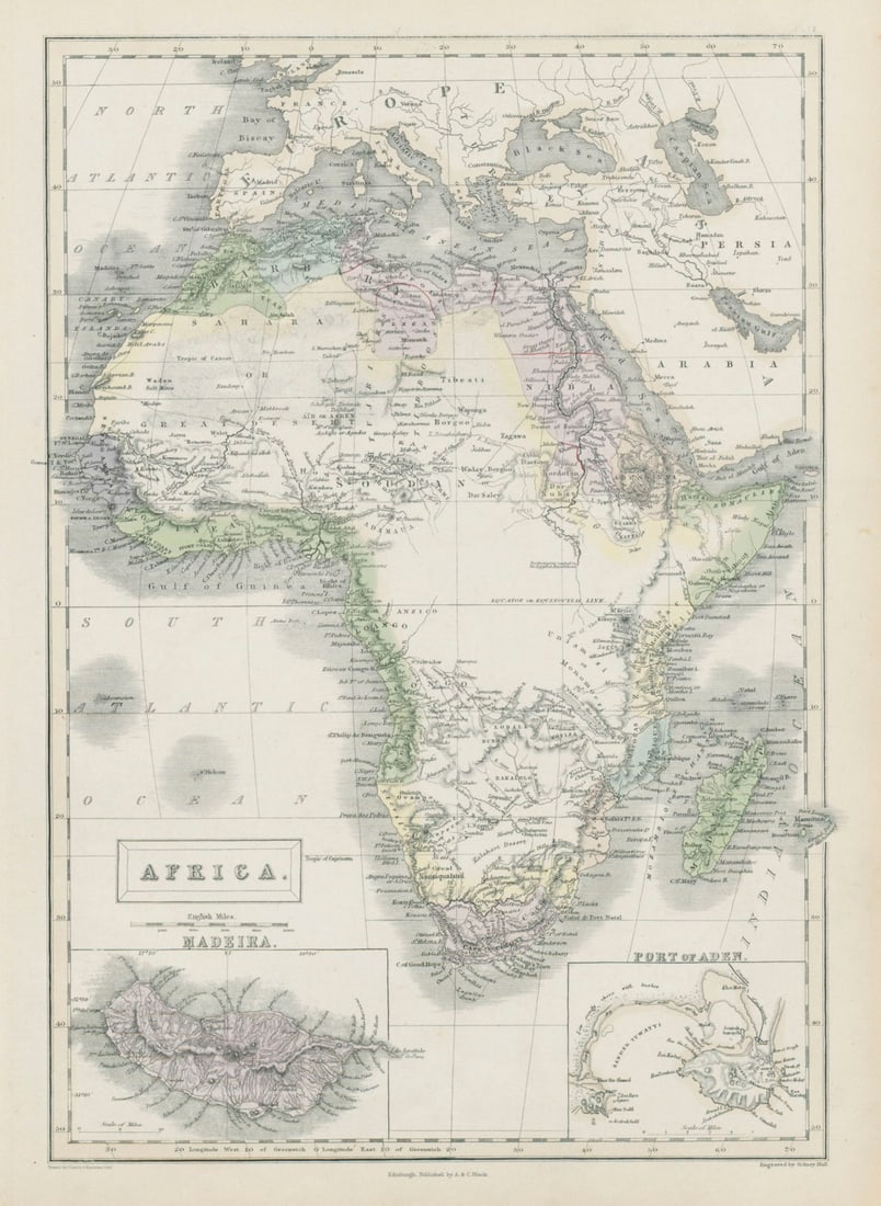 Early colonial Africa. Inset Madeira & Aden. SIDNEY HALL 1856 old antique map: Africa [inset: Madeira, port of Aden] by Hall, Sidney. Published 1856. Antique atlas map with original hand colouring / coloring. Size 41 x 30 cm | 16.0 x 11.5 inches. Condition: Good; suitable for fr