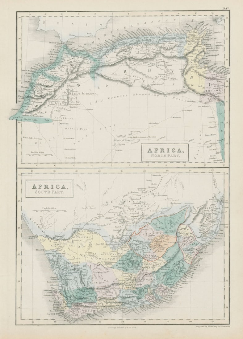 Northern & Southern Africa. Maghreb. Orange River Sovereignty. HALL 1856 map: Africa, north part / Africa, south part' by Hall, Sidney. Published 1856. Antique atlas map with original hand colouring / coloring. Size 42 x 30 cm | 16.5 x 11.5 inches. Condition: Good; suitable for