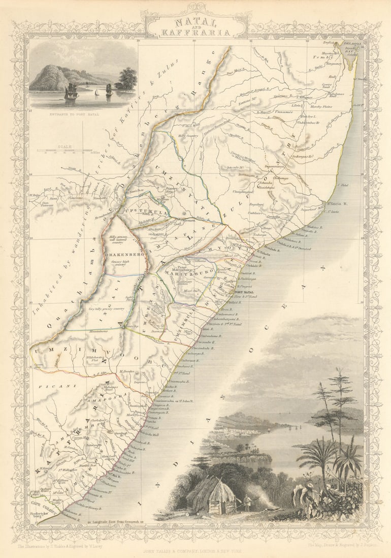 NATAL & KAFFRARIA. Eastern Cape. Durban. South Africa TALLIS & RAPKIN 1851 map: Natal and Kaffraria'. Vignettes: Entrance to Port Natal; Port Natal and town of Durban. The lands west of the Drakensberg range are indicated as "inhabited by wandering tribes of Kaffirs & Zulus".