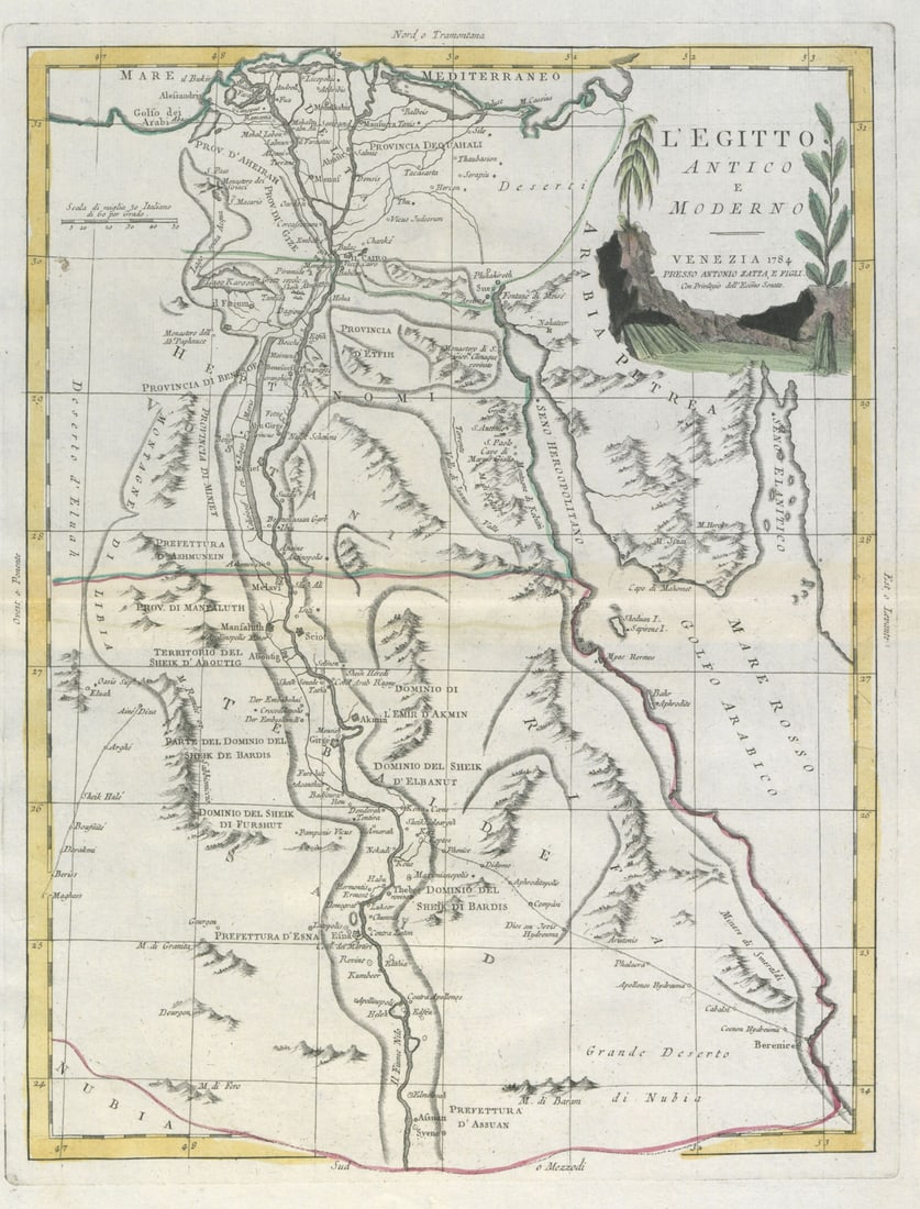 L'Egitto Antico e Moderno. Ancient & modern Egypt. ZATTA 1785 old map: L'Egitto Antico e Moderno'. Ancient and modern Egypt by Zatta, Antonio. Published 1785 - Published in 1785. Engraved in 1784 (this date is printed on the map).. Antique 18th century Italian copperplat