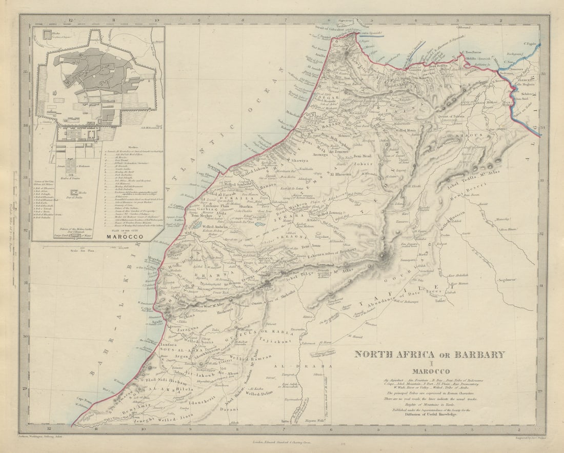 MOROCCO. North Africa or Barbary. Marocco; inset Marrakech plan. SDUK 1874 map: NORTH AFRICA OR BARBARY, I., MAROCCO.; inset City of Marocco'. Cartography by Jackson, Washington, Graberg, Arlett; engraved by J & C Walker. Published 1874. Antique steel engraved map with original o