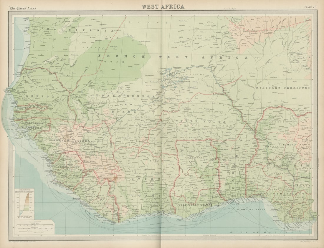 Colonial & French West Africa. Gold Coast Dahomey Upper Volta. TIMES 1922 map: West Africa'. J. G. Bartholomew. Published 1922. Antique atlas map. Size 45 x 58 cm | 17.5 x 23.0 inches. Condition: Good; suitable for framing. Please check the scan for any blemishes prior to making