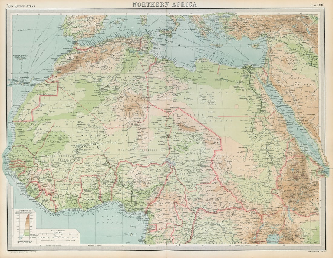 North & West Africa. Dahomey. Gold Coast. Military Territory. THE TIMES 1922 map: Northern Africa'. J. G. Bartholomew. Published 1922. Antique atlas map. Size 58 x 44 cm | 22.5 x 17.5 inches. Condition: Good; suitable for framing. Please check the scan for any blemishes prior to ma