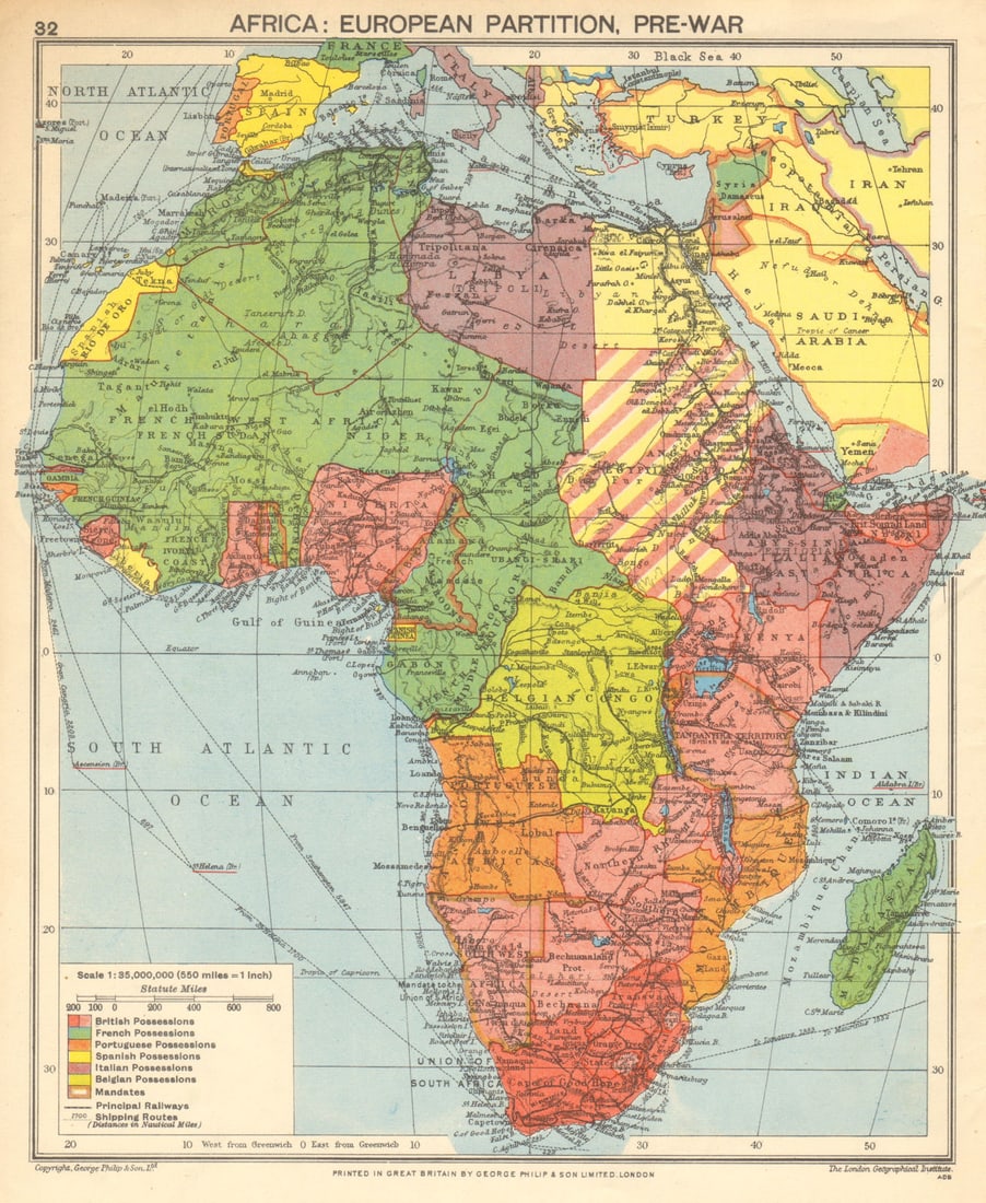 Pre-SECOND WORLD WAR AFRICA. European colonies & German mandates 1942 old map: Africa: European partition, pre-war'. George Philip & Son. Published 1942. Vintage colour map. Size 28 x 23 cm | 11.0 x 9.0 inches. Condition: Good; suitable for framing. The image shown may have been