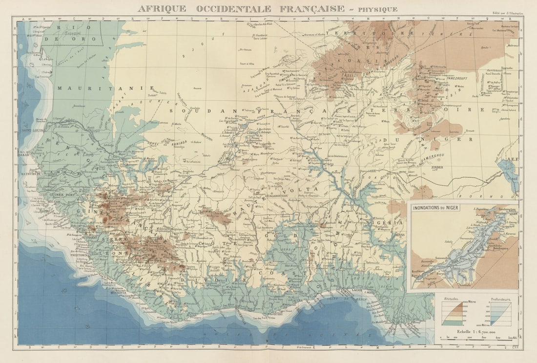 FRENCH WEST AFRICA. Afrique Occidentale Française. Plan of Niger floods 1929 map: Afrique Occidentale Française - Physique. Inset: Inondations du Niger'. Commandant P. Pollacchi. Published 1929. Vintage atlas map. Size 34 x 51 cm | 13.5 x 20.0 inches. Condition: Good; suitable