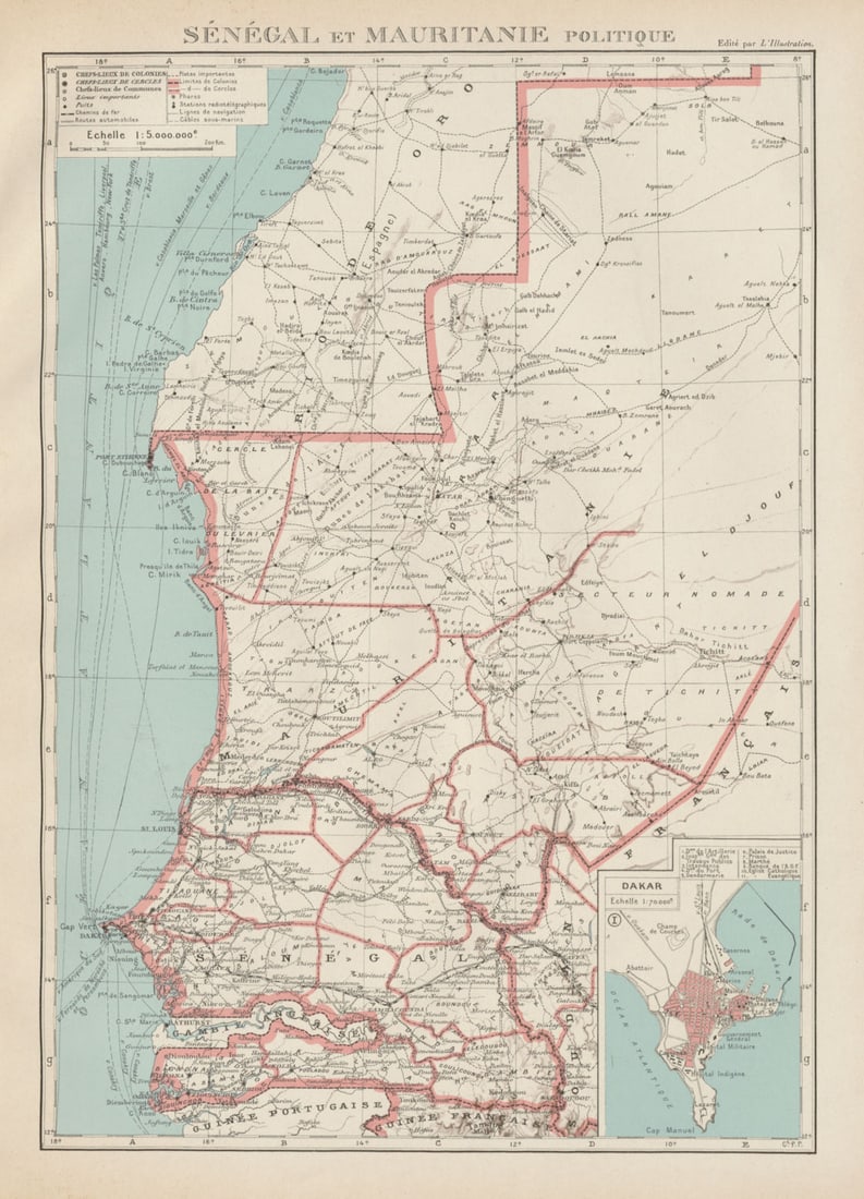 FRENCH WEST AFRICA. Senegal & Mauritanie/Mauritania. Dakar plan 1929 old map: Senegal et Mauritanie - Politique. Inset: Dakar'. Commandant P. Pollacchi. Published 1929. Vintage atlas map. Size 37 x 27 cm | 14.5 x 10.5 inches. Condition: Good; suitable for framing. The image sho