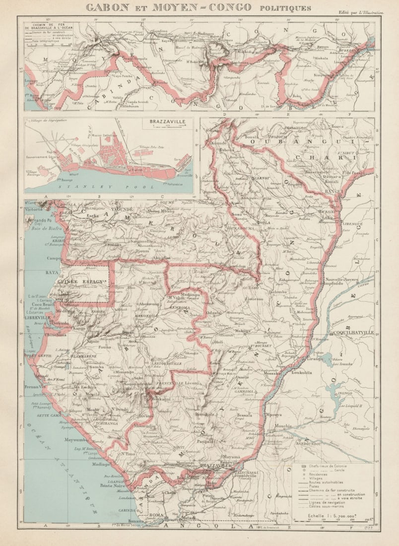 COLONIAL GABON & CONGO. Afrique équatoriale française. Brazzaville plan 1929 map: Gabon et Moyen-Congo - Politiques. Top: Chemin de fer de Brazzaville à l'océan. Inset: Brazzaville'. Commandant P. Pollacchi. Published 1929. Vintage atlas map. Size 36 x 27 cm | 14.0 x 10.5